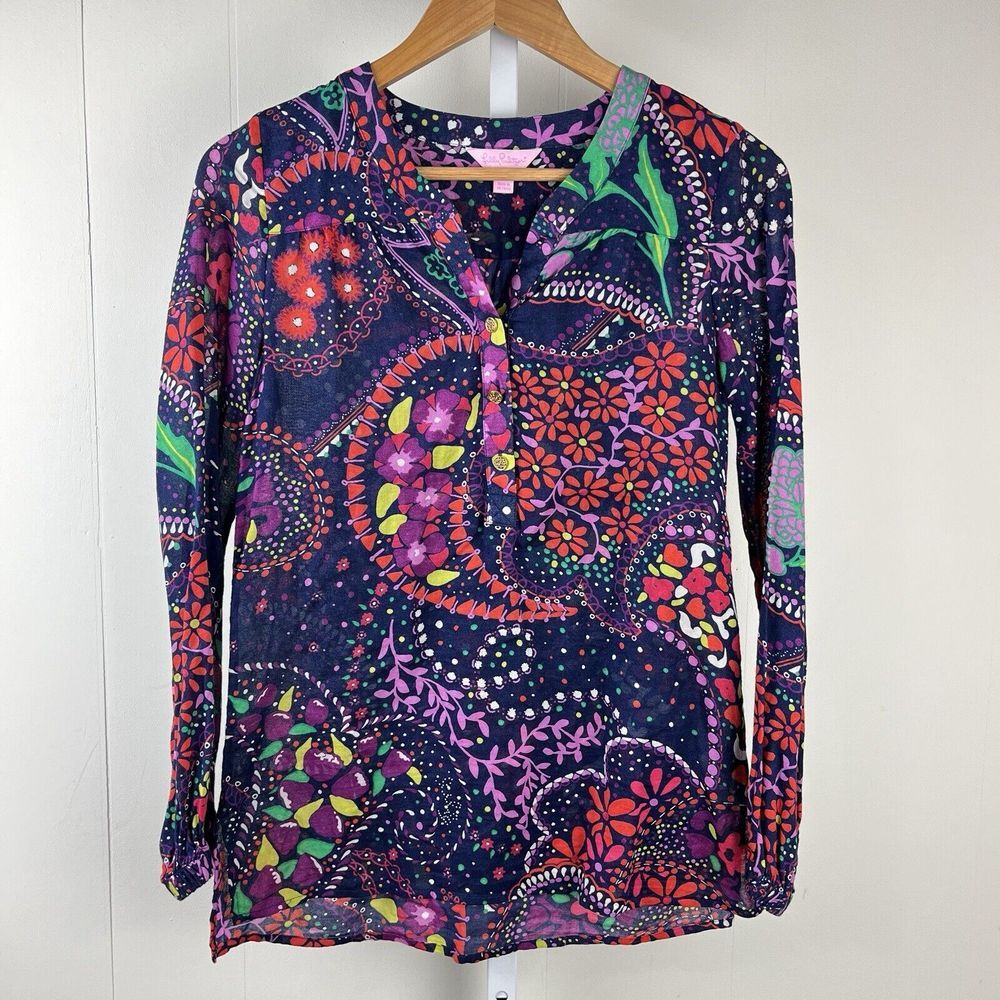 Lilly‎ Pulitzer Providence Tunic Top Womens XS Garden Menagerie Floral Paisley